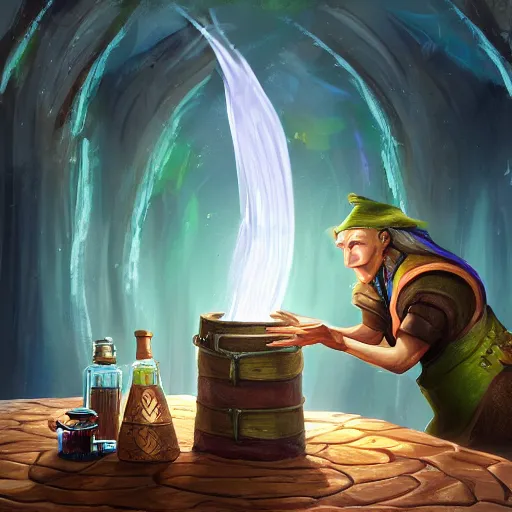 Image similar to wizard making a potion, digital art, 4 k, fantasy,