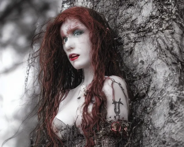 Image similar to award winning 5 5 mm close up face portrait photo of an anesthetic and beautiful redhead vampire lady who looks directly at the camera with bloodred wavy hair, intricate eyes that look like gems and long sharp fangs, in a park by luis royo. rule of thirds.