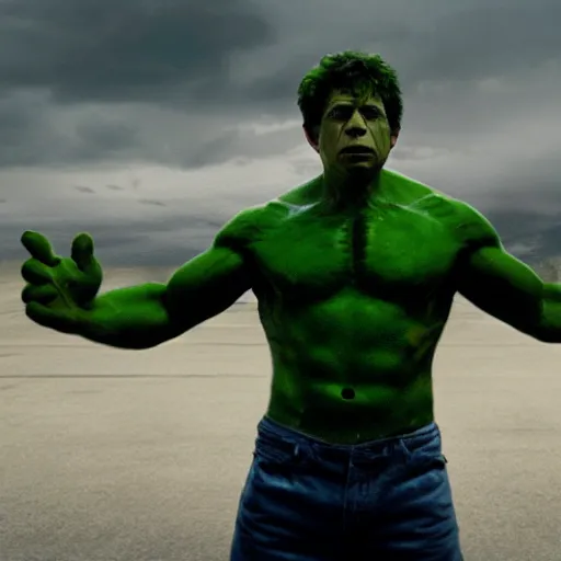 Prompt: michael cera starring as the incredible hulk, movie still, hd,