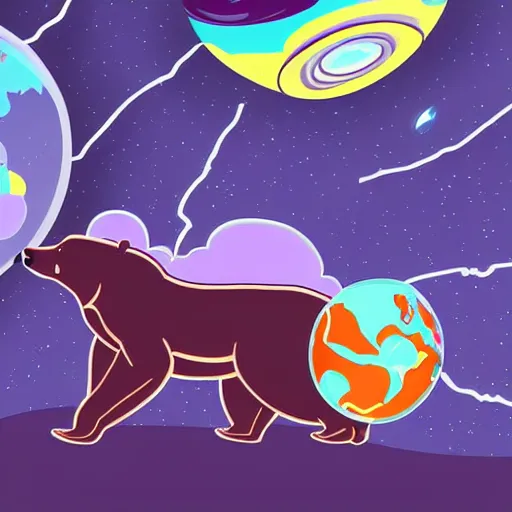 Image similar to cartoon animated illustration of a bear mascot being launched from a futuristic marble planet, purple and orange cloudland