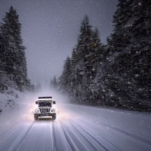 Image similar to white jeep wrangler driving up snow covered mountain on edge of a cornice, dreamy atmosphere, snowing, dramatic lighting, cinematic, photo realism