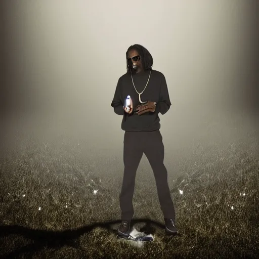 Prompt: a dramatic photograph of snoop dog smoking a joint in an infinite universe while crossing the mystical portal to the beyond, ground haze, dramatic lighting, filmic, cinematographic, sci - fi