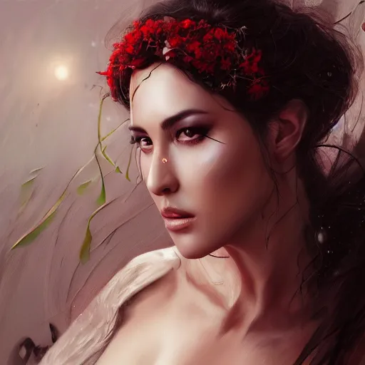 Prompt: realistic detailed semirealism Monica Bellucci as Persephone, 4K high resolution quality artstyle professional artists WLOP, Aztodio, Taejune Kim, Guweiz, Pixiv, Instagram, Artstation