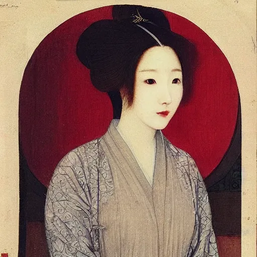 Image similar to “pre-Raphaelite Korean woman in red dress”