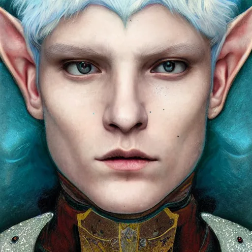 Image similar to a close - up portrait of an androgynous handsome male snow elf in a turquoise cape and silver armour, albino skin, winter vibes, elegant, very coherent symmetrical artwork, by tomasz alen kopera and alphonse mucha and charlie bowater, photorealistic, sharp focus, octane render, rtx, hdr, unreal 5, trending on artstation