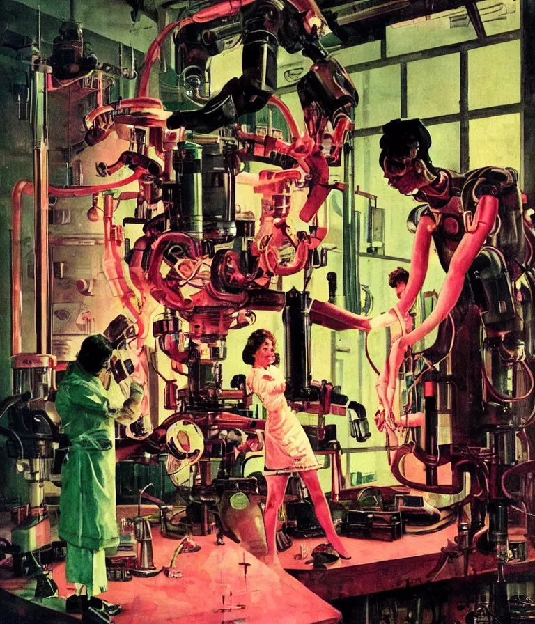 Prompt: a female mad scientist building a robot man, in a darkly lit laboratory room, 1 9 5 0 s horror movie poster style, norman rockwell oil painting, tight shot, close - up shot, retro science fiction, vintage, saturated pink and green lighting, shadowy lighting, cohesive