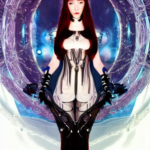 Prompt: A still of an ethereal, mysterious stunning maximalist mesmerizing elven girl from the rainbow sky paradise in Tron: Legacy (2010), high-tech, Victorian gothic lolita fashion, highly detailed, very beautiful painting by artgerm and WLOP, medium shot, cinematic lighting, concept art, artstation, D&D RPG portrait