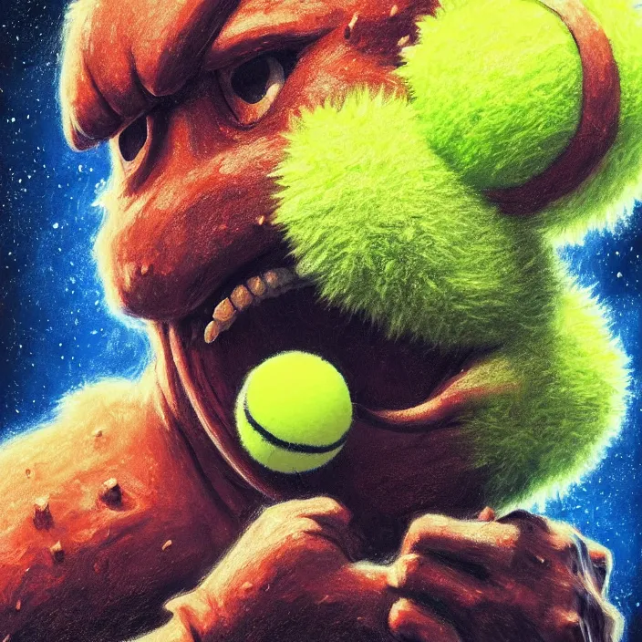 Image similar to cinematic portrait of a cute tennis ball monster in the abyss of space, chalk, masterpiece, trending on artstation, featured on pixiv, cinematic composition, dramatic pose, beautiful lighting, sharp details, hyper-detailed, HD, HDR, 4K, 8K, art by Basil Gogos