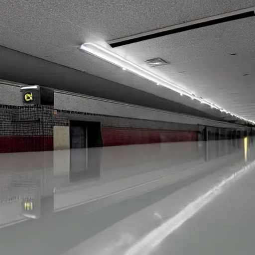 Image similar to photo of a subway station, the floor is flooded with one meter deep water. eerie, volumetric lighting