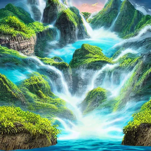 Image similar to islands floating in the sky with waterfalls and dragons, digital art, aesthetic, astonishing detail