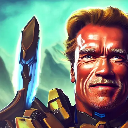 Image similar to a screenshot of arnold schwarzenegger as mercy in overwatch, angel wings, halo, portrait, fantasy, beautiful face, vivid colors, elegant, concept art, sharp focus, digital art, hyper - realistic, 4 k, unreal engine, highly detailed, hd, dramatic lighting by brom, trending on artstation
