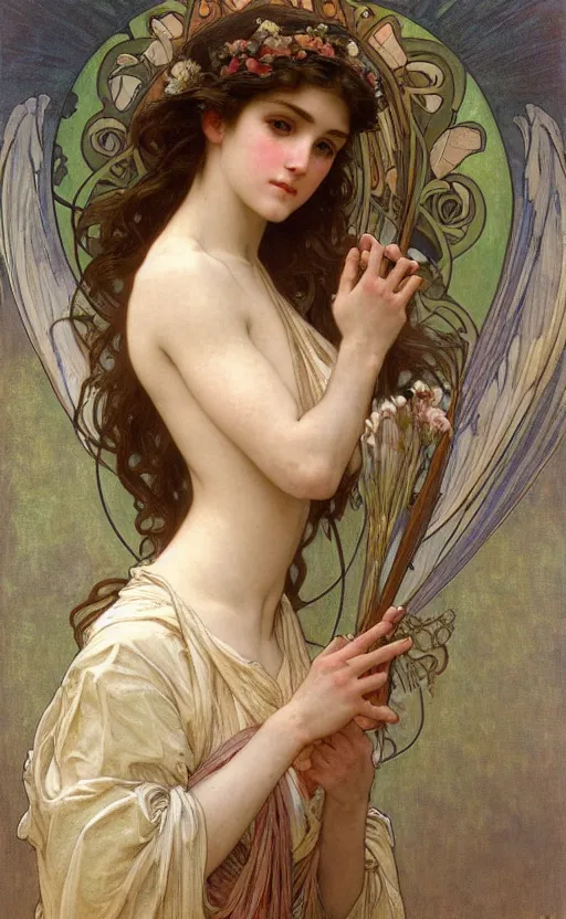 Image similar to portrait of a beautiful angel, intricate, elegant, hyperdetailed by alphonse mucha and william - adolphe bouguereau and john william waterhouse