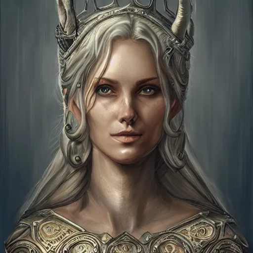 Prompt: Magnificent portrait of a Nordic God mother, fantasy, medieval, highly detailed, Artstation