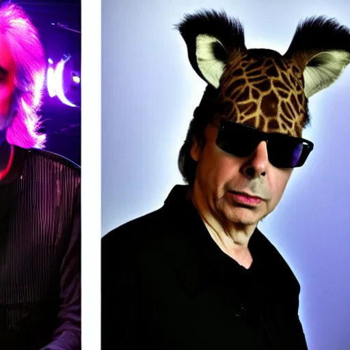 Prompt: jean michel jarre plays keyboards in a futuristic rock band with brian eno and a friendly giraffe called Chico.