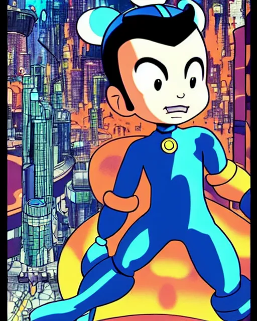 Prompt: a close up portrait of Astro boy in the style of Megaman, weapon on a ready looking determined overlooking a cyberpunk city in the background, full face portrait composition, 2D drawing by Mike Mignola, Yoji Shinkawa, flat colors, chiaroscuro lighting