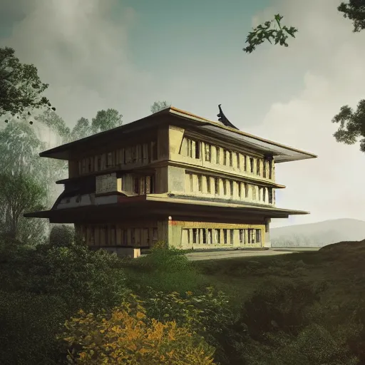 Image similar to modernist house inspired by a tibetan palace, in a field, big trees, clouds, dramatic lighting, artstation, matte painting, raphael lacoste, simon stalenhag, frank lloyd wright, drone view