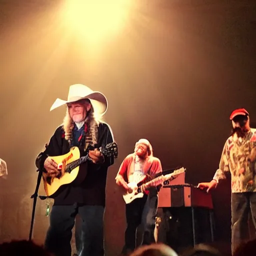 Image similar to willie nelson on stage, four fingers holdingguitar. god rays through fog.