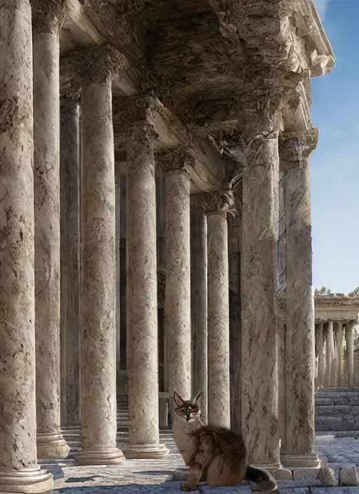 Prompt: hyper realistic fluffy caracal in ancient greek city, marble columns, temple, olive trees, atmospheric beautiful details, strong composition painted by kim jung giu weta studio rutkowski, james gurney and greg rutkowski, and lucasfilm