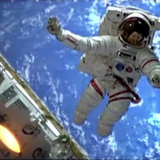 Image similar to film still of astronaut slavoj zizek falling away from the space station in gravity