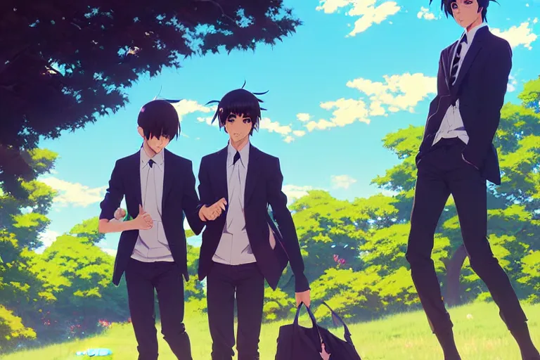 Image similar to boy's love anime high school spring noon scene, high detail concept art, perfect proportions fine face, tall handsome guys, close together romantic undertones, avant designer uniform, vivid colors, realistic shaded lighting poster fantasy art ilya kuvshinov, kyoani, katsuhiro, jeremy lipking and michael germash, makoto shinkai, loish, best selling artist