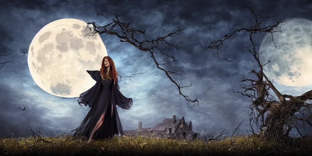 Image similar to illustration of a Witch in front of the full big moon, realistic painting, high definition, digital art, matte painting, very detailed, realistic