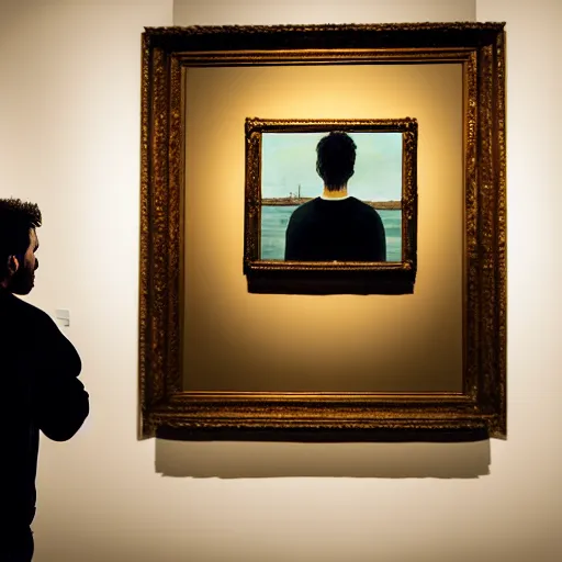 Image similar to A man staring at a painting of himself staring back. Modern art gallery. Wide angle. Photorealistic. Dramatic lighting. Award winning photography. 35mm photograph.