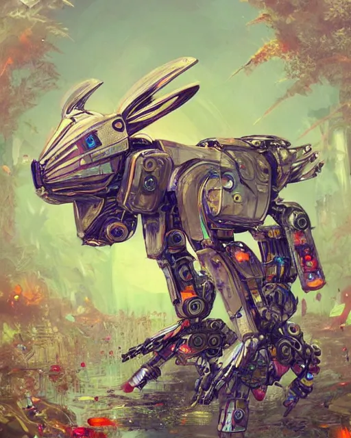 Image similar to mecha rabbit in wonderland, highly detailed, concept art, scifi, bizarre, abstract, colorful, sharp focus, trending on artstation, intricate, atmosphere, art by roman makarenko, dzung phung dinh