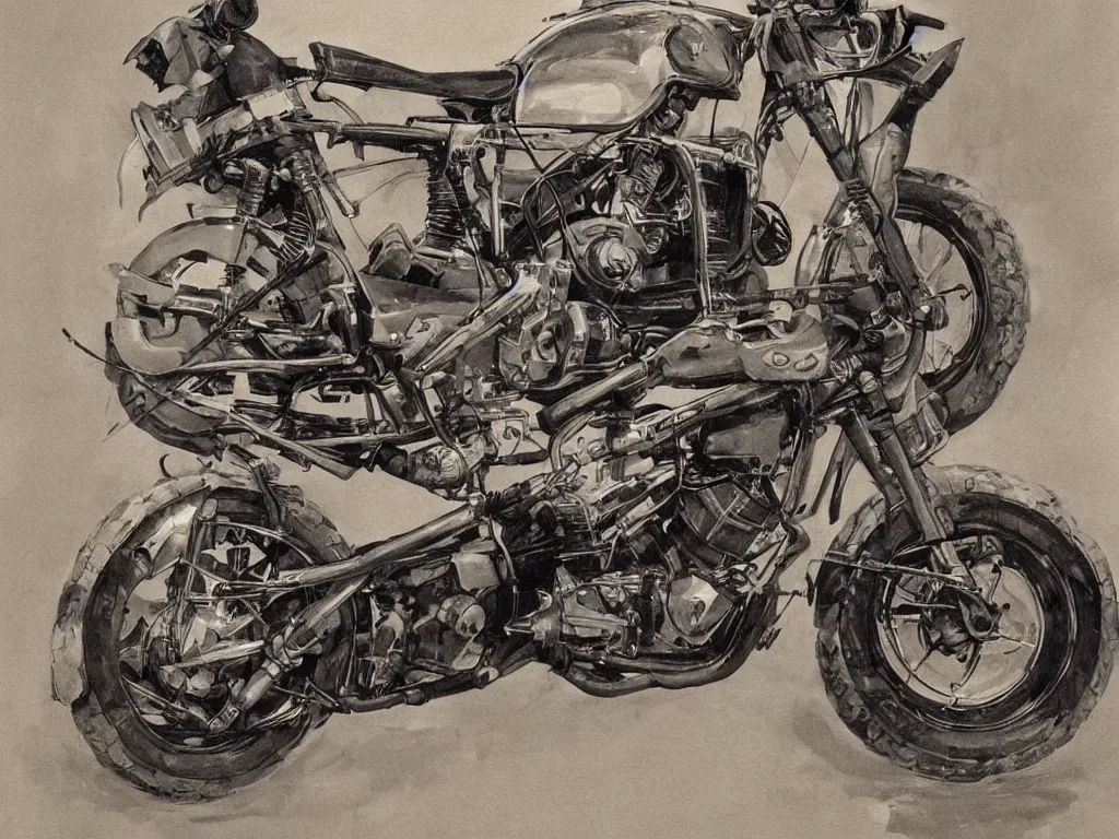 Image similar to ( ( ( ( ( motorcycle concept art, cafe racer, scrambler, 1 9 6 0 s, 1 9 7 0 s ) ) ) ) ) by jerome podwil and davis meltzer!!!!!!!