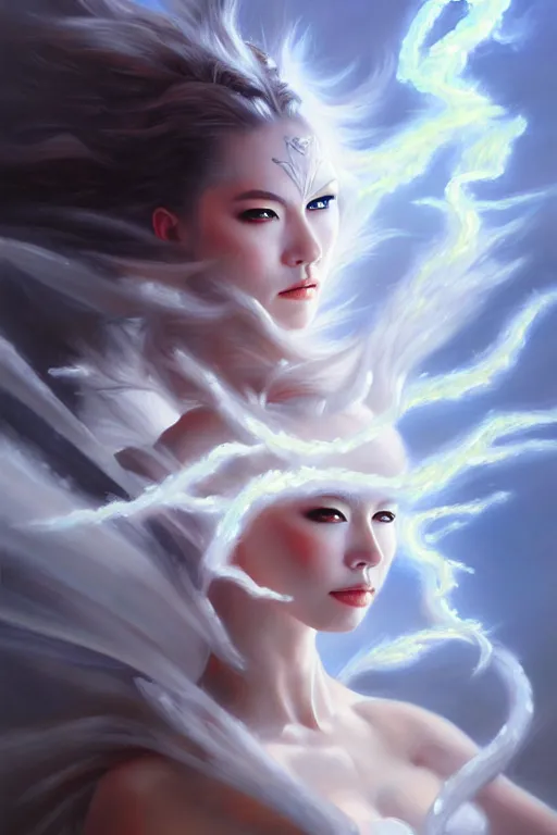 Image similar to oil painting, white, sakimi chan, fantasy armor, detailed face, flying, tony sart, wind, lightning, dramatic lighting