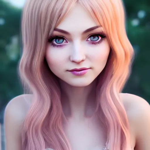 Image similar to beautiful intricate photograph of nikki from shining nikki dress - up game, a cute young woman, light pink hair, long hair with full bangs, full heart - shaped face, hazel amber eye color, pale skin, light blush, chinese heritage,, smiling softly, golden hour, soft focus, 8 k, hyperrealism, hyperdetailed