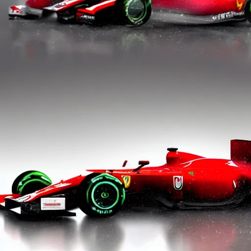 Image similar to f1 cars racing in the rain, ferrari, mercedes, 2012, octane render, trending on artstation, cgsociety, 4k