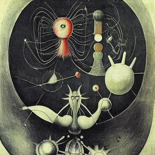 Image similar to a new small cute creature from space cosmic multiple eyes a bit weird cosmic with an intriguing wonderful machine beside him, tarot card, beautiful frames, Leonora Carrington moebius Hieronymus Bosch Max Ernst dali Zdzisaw Beksiñski Roland Topor Henryk Plociennik