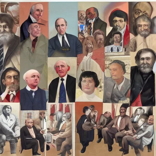 Image similar to an art piece in the form of a collage depicting members of parliament doing community service in the style of richard hamilton