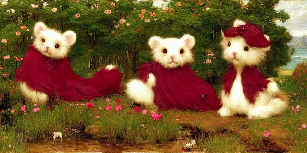 Prompt: 3 dd precious moments plush animal with realistic fur, olive green, dark red, fuchsia, off white color scheme, landscape, master painter and art style of john william waterhouse and caspar david friedrich and philipp otto runge