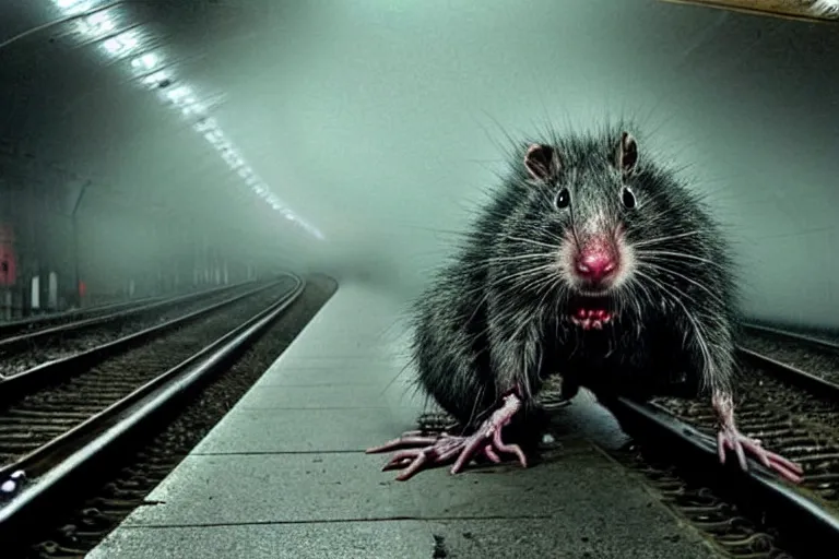 Image similar to very large giant mutant zombie irradiated ( angry rat ) staying on railways in tonnel of moscow subway. tonnel, railways, giant angry rat, furr, fangs, claws, very realistic. fog, extreme long shot, herman nitsch, giger.