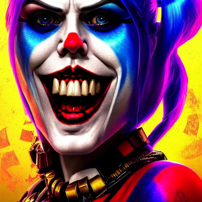 Image similar to portrait of alexandra daddario as a harley quinn in suicide squad. intricate abstract. intricate artwork. by tooth wu, wlop, beeple, dan mumford. octane render, trending on artstation, greg rutkowski very coherent symmetrical artwork. cinematic, hyper realism, high detail, octane render, 8 k, iridescent accents