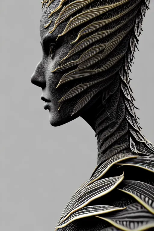 Image similar to bw close - up profile face, black background, beautiful young porcelain vegetal - dragon - cyborg - female, 1 5 0 mm, beautiful natural soft rim light, silver gold details, magnolia leaves and stems, roots, mandelbot fractal, elegant, ultra detailed, white metallic armour, octane render, dora maar