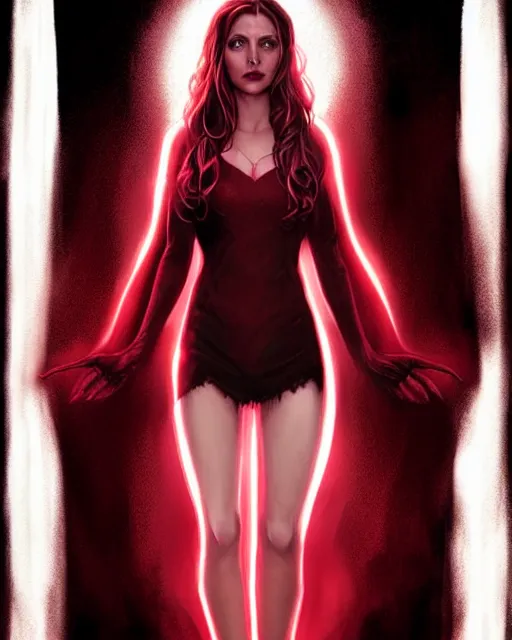 Prompt: Scarlet witch Sarah Michelle Gellar, black magic, realistic character concept, full body, scary pose, comic book, illustration, slender symmetrical face and body, cinematic lighting, high resolution, Charlie Bowater, Norman Rockwell, symmetrical eyes, single face, insanely detailed and intricate, beautiful