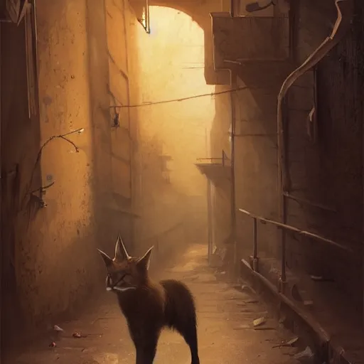 Image similar to a cute fluffy caracal in a dark alley by greg rutkowski