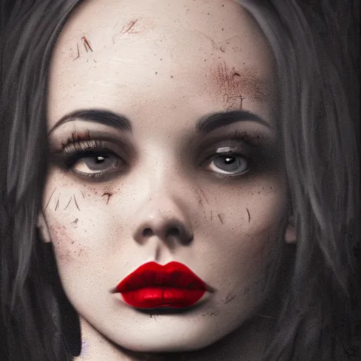 Image similar to angry and disgruntled mom, detailed face with red lips, black eyes and large forehead, detailed body, moody atmosphere, digital art, highly detailed, high contrast, beautiful lighting, award winning, trending on art station, photorealistic, 8 k,