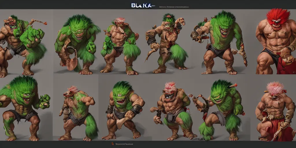 Prompt: blanka, character sheet, concept design, contrast, hot toys, kim jung gi, greg rutkowski, zabrocki, karlkka, jayison devadas, trending on artstation, 8 k, ultra wide angle, pincushion lens effect