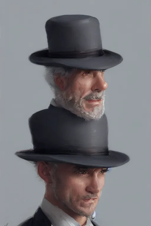 Image similar to a grey hair halfling stubble tophat and suit by Greg Rutkowski, painting, portrait, HD, high details, trending on artstation