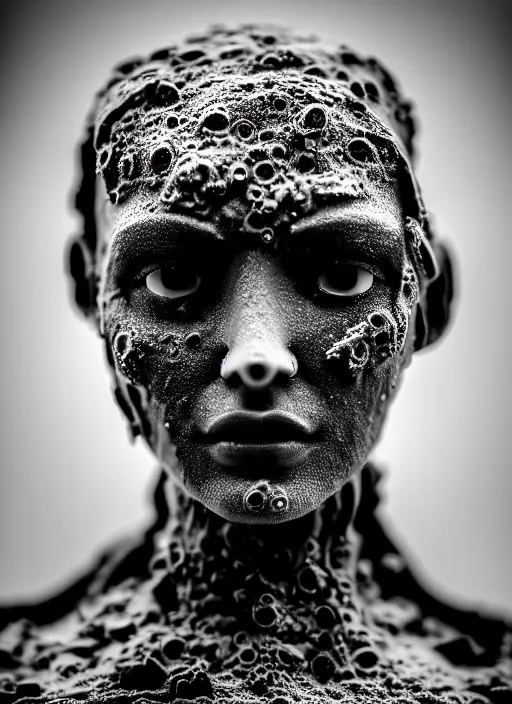Image similar to a young female cyborg bust made of ice and smoke and wet mud, dramatic, ilford hp 5, closeup - view, f / 2. 8, high contrast, 1 6 k, fluorescent lamp, contre - jour, insanely detailed and intricate, hypermaximalist, elegant, ornate, hyper realistic, super detailed