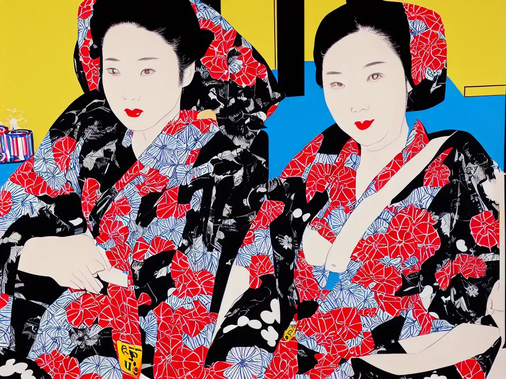 Image similar to hyperrealism composition of the detailed woman in a japanese kimono sitting at an extremely detailed poker table with darth vader, fireworks on the background, pop - art style, jacky tsai style, andy warhol style, acrylic on canvas