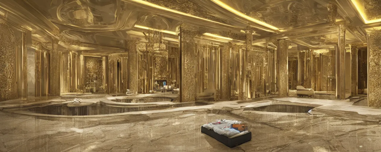 Image similar to photo of a cinematic interior of a triple height hyper luxury spa with everything made of gold, candles, windows with view to desert mountains and river, beige stone marble floor with reflection, small wellness relaxation pool, intricate hieroglyph detailed roof, contemporary design, sacred geometry, 8 k, hyperrealistic, photorealism,