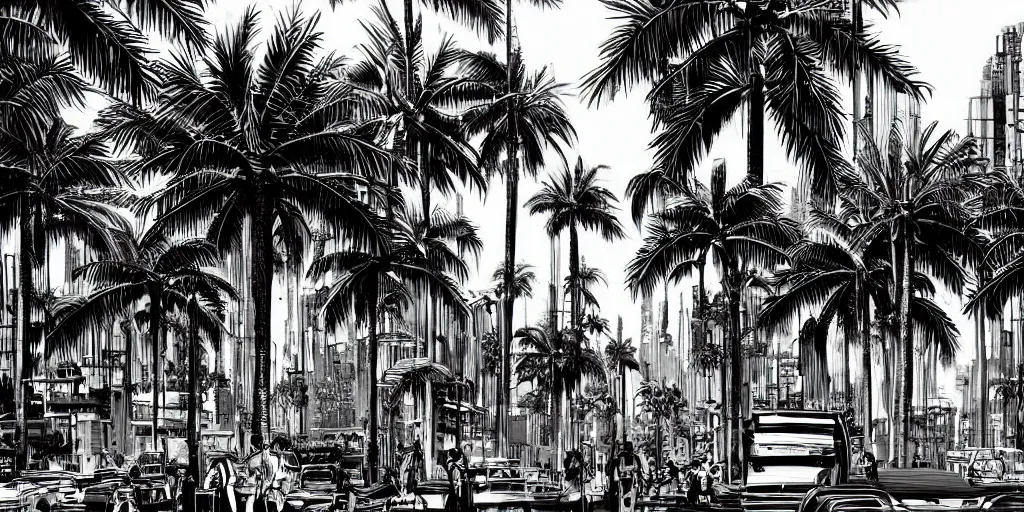 Prompt: cinematic high contrast graphic illustration of hyper detailed highway realistic streetwalkng in an afro futurist city blocks palm trees, by frank lloyd wright architect, bill sienkiewicz, wide angle, insanely detailed and intricate