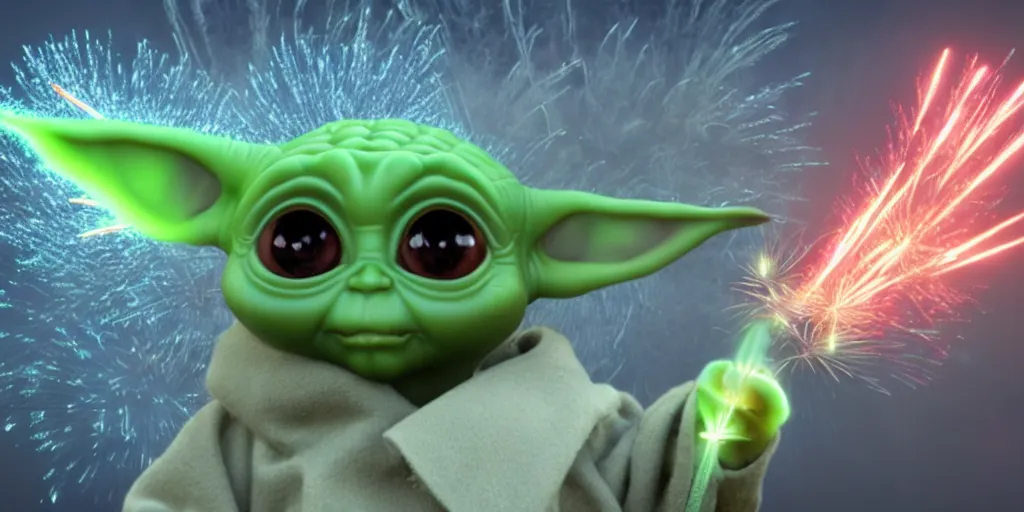 Image similar to fireworks form shapes the resemble baby yoda. 8 k, 4 k, hq, 3 d render, digital art, dramatic lighting, comedy, science fiction, hyper realistic, ultra detailed. style of arrival, fifth element.