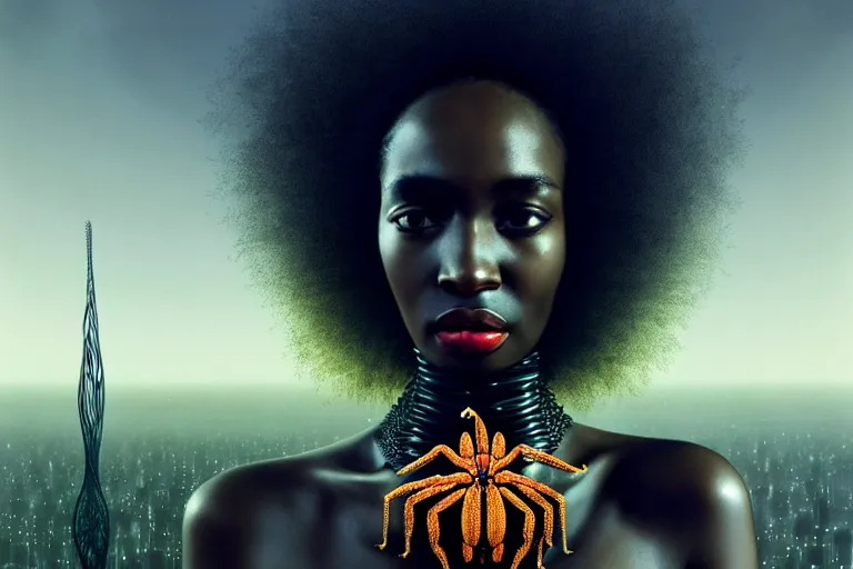 Image similar to realistic detailed photorealistic portrait movie shot of a beautiful black woman with a giant spider, dystopian city landscape background by denis villeneuve, amano, yves tanguy, alphonse mucha, ernst haeckel, david lynch, edward robert hughes, roger dean, cyber necklace, fashion shoot, rich moody colours, cyber patterns, wide angle