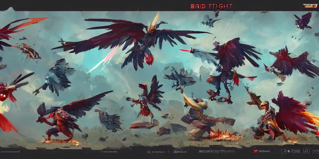 Image similar to bird fighter, character sheet, colorful, contrast, 3 d scene, greg rutkowski, zabrocki, karlkka, jayison devadas, trending on artstation, 8 k, ultra wide angle, zenith view, pincushion lens effect