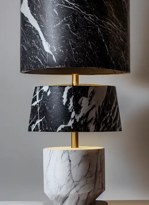 Image similar to A table lamp with a marble base, and a fabric lampshade designed by Petros Afshar